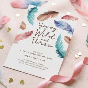 Young Wild & Three Watercolor Boho Feathers Einladung