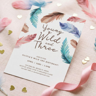 Young Wild & Three Watercolor Boho Feathers Einladung