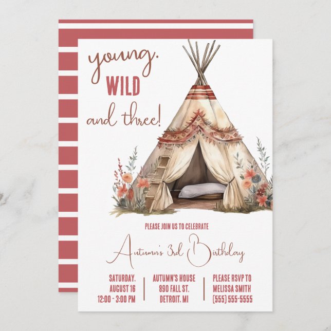 Young, Wild, und Drei! Boho TeePee Birthday Party Einladung (Vorne/Hinten)