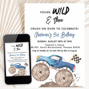 Young Wild und Three Birthday Blue Monster Truck Einladung