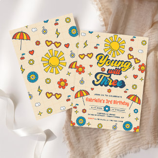 Young will Three Retro Daisy 3. Geburtstags-Party Einladung