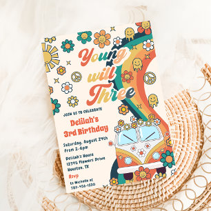 Young will Three Retro Floral 3. Geburtstag Party Einladung