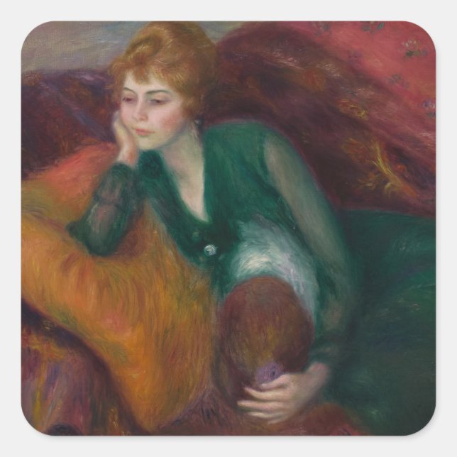 Young Woman in Green, William James Glackens Quadratischer Aufkleber (Vorderseite)