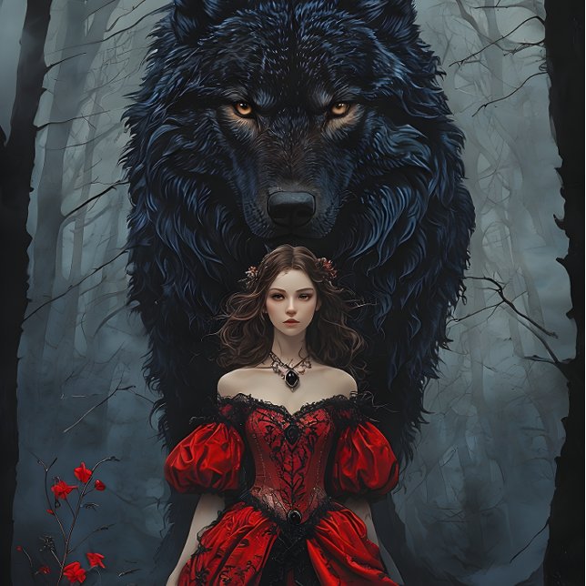 Young Woman In Red Gown With Black Wolf Guardian Seidenpapier (Von Creator hochgeladen)