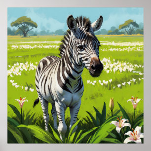 Young Zebra in Lily Blume Field Painting Poster