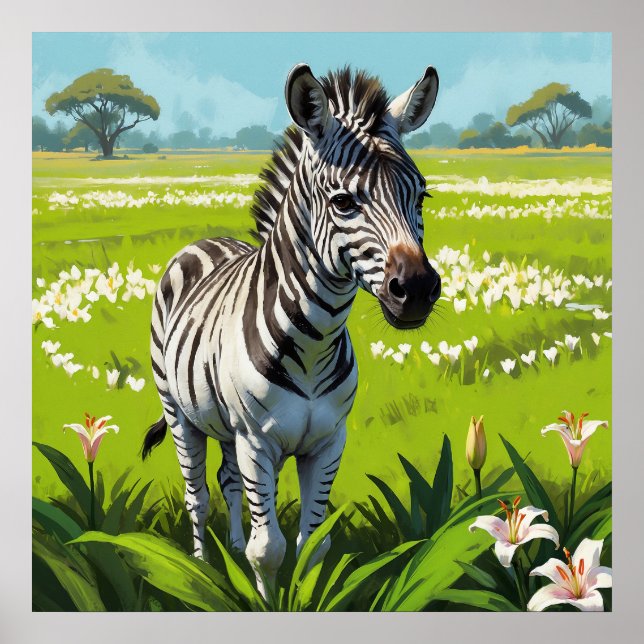 Young Zebra in Lily Blume Field Painting Poster (Vorne)