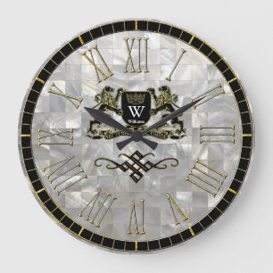 Your Coat of Arms Monogram Mother of Pearl Große Wanduhr