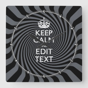 Your Custom Keep Calm Saying on Black Swirl Quadratische Wanduhr