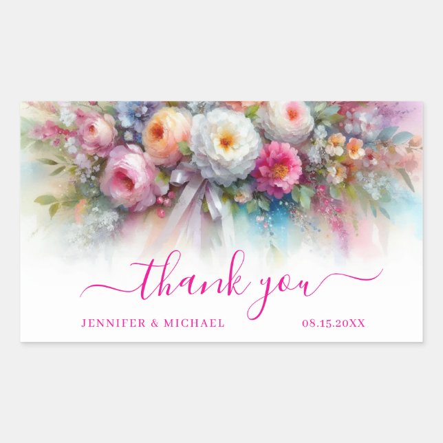 Your Custom Text Watercolor Flowers Thank You Rechteckiger Aufkleber (Vorderseite)