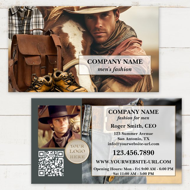 Your Design Men's Fashion Retail Visitenkarte (Men's fashion or country and western business card featuring a collage of your own custom photos)