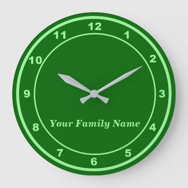 Your Family Name on Green Round Wall Clock Große Wanduhr (Vorderseite)