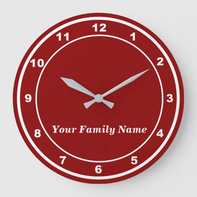 Your Family Name on Red Round Wall Clock Große Wanduhr (Vorderseite)