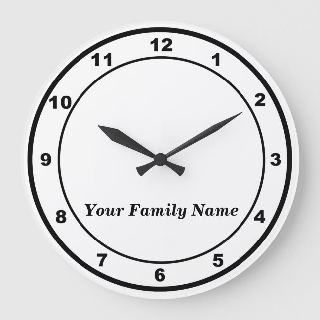 Your Family Name on White Round Wall Clock Große Wanduhr (Vorderseite)