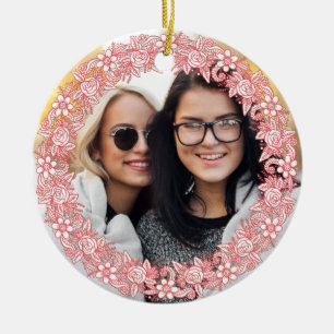 YOUR FOTO and custom text in Flower Wreath Frame Keramik Ornament