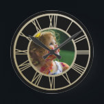 Your Foto von Personalized With Roman Numerals Runde Wanduhr<br><div class="desc">Your Foto von Personalized Roman Numerals wall clock from Ricaso - falsches Gold on black</div>