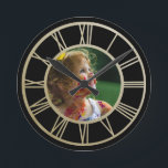 Your Foto von Personalized With Roman Numerals Runde Wanduhr<br><div class="desc">Your Foto von Personalized Roman Numerals wall clock from Ricaso - falsches Gold on black</div>