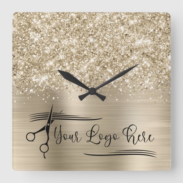 Your Logo Glittery Pale Gold Glam Quadratische Wanduhr (Vorderseite)