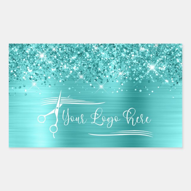 Your Logo Glittery Turquoise Blue Glam Rechteckiger Aufkleber (Vorderseite)