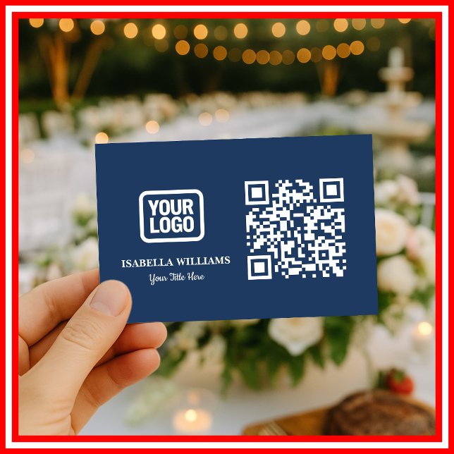 Your Logo Here Simple Modern Navy Blue QR Code Visitenkarte (Von Creator hochgeladen)