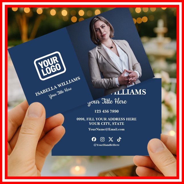 Your Logo Here Simple Modern Photo Navy Blue Visitenkarte (Von Creator hochgeladen)