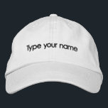 Your Name Embroidered on White Cap Bestickte Baseballkappe<br><div class="desc">White cap that you can personalize by typing your name or the recipient’s name for a personalized gift. You can also change the font style and thread color in the design tool. Please check the appearance after typing your name. If the appearance is pleasing to you, you can place your...</div>