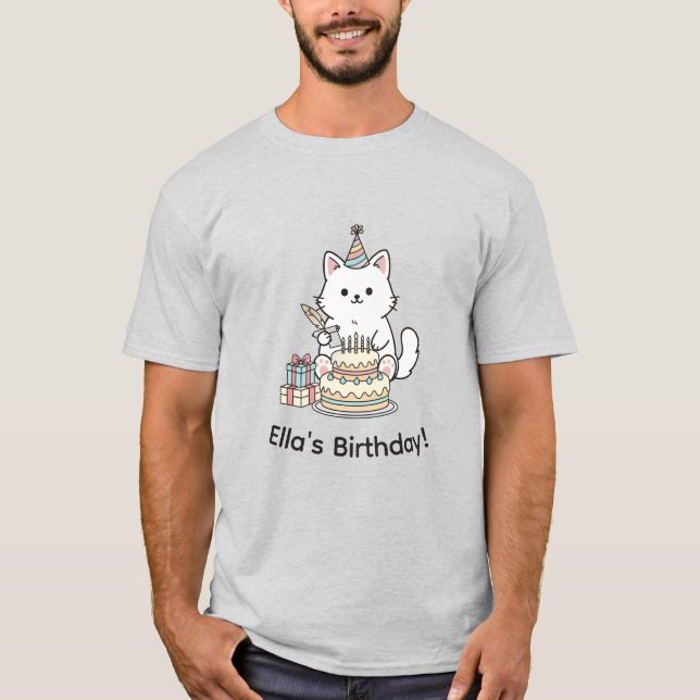 "Your name" Festive Birthday Cat with Cake Graphic T-Shirt (Vorderseite)