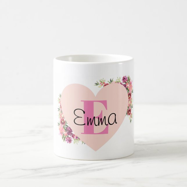 YOUR NAME/TEXT/ Pink Floral Monogram Kaffeetasse (Mittel)