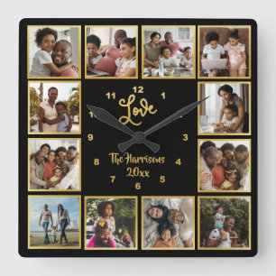 Your Own 12 Photo Collage Love Gold Black Quadratische Wanduhr