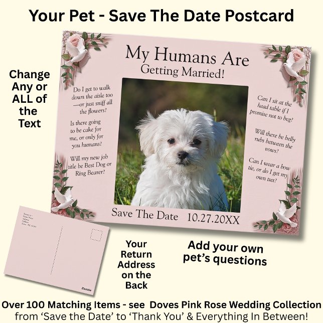 Your Pet Photo Save The Date Pink Roses & Doves Postkarte (Von Creator hochgeladen)