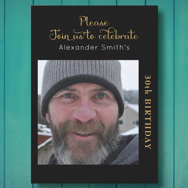 Your Photo 30th Birthday Black And Gold Einladung (Von Creator hochgeladen)