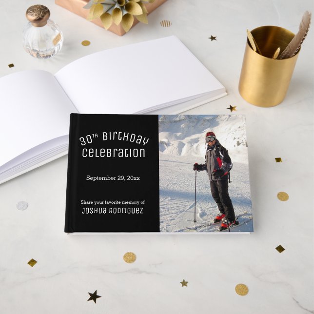 Your Photo Modern Black White 30th Birthday Party Gästebuch (Vorderseite Offen)