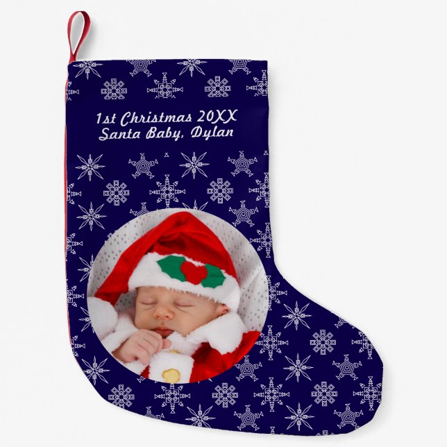 Your Photo Santa Baby Snowflake & Blue Background Kleiner Weihnachtsstrumpf (Vorderseite)
