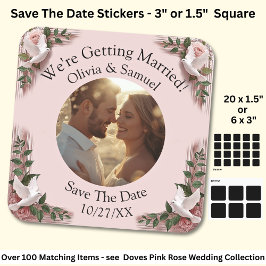Your Photo, Save The Date, Pink Roses & Doves Quadratischer Aufkleber