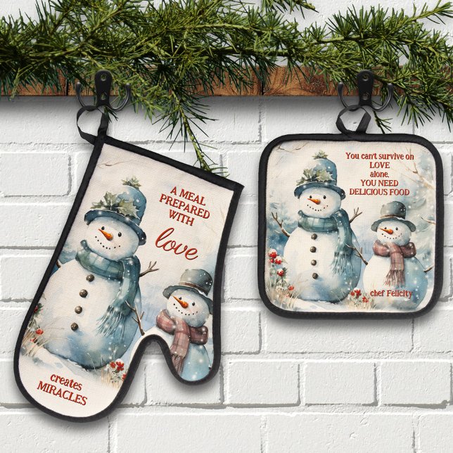 Your Quotes Watercolor Snowman Christmas Ofenhandschuh & Topflappen-Set (Christmas oven mitt and pot holder set featuring two watercolor snowmen with your custom quotes)