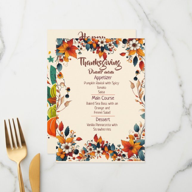 YOUR THANKSGIVING DINNER WITH A CUSTOMIZED MENU  MENÜKARTE (Vorderseite/Rückseite Beispiel)