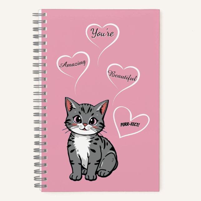 You're Purr-fect Animated Cat and Hearts Pink Notizbuch (Vorderseite)