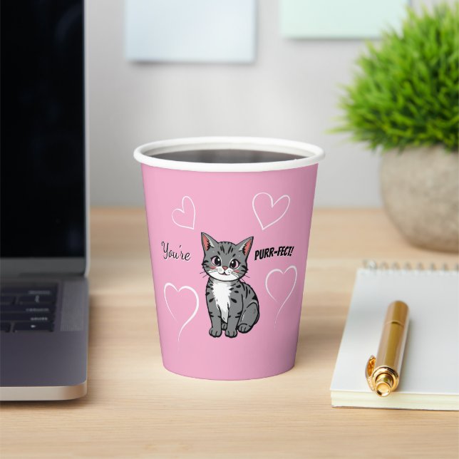 You're Purr-fect Animated Cat and Hearts Pink Pappbecher (InSitu)