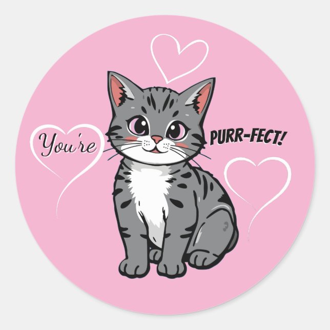 You're Purr-fect Animated Cat and Hearts Pink Runder Aufkleber (Vorderseite)