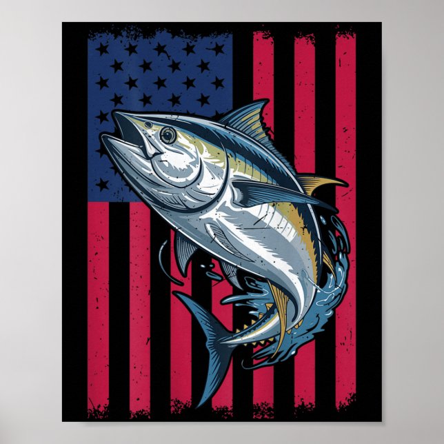 Youth Boys Deep Sea Fishing American Flag Bluefin  Poster (Vorne)
