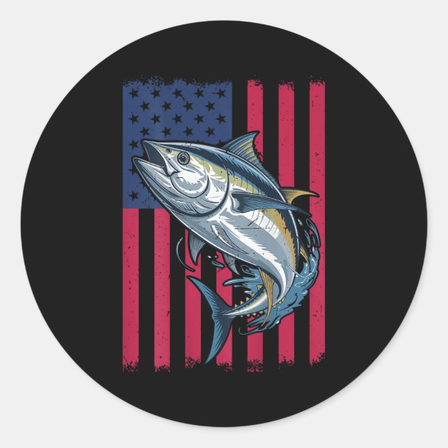 Youth Boys Deep Sea Fishing American Flag Bluefin  Runder Aufkleber (Vorderseite)