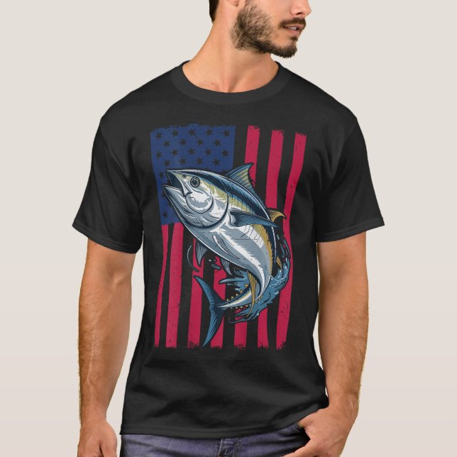 Youth Boys Deep Sea Fishing American Flag Bluefin  T-Shirt (Vorderseite)