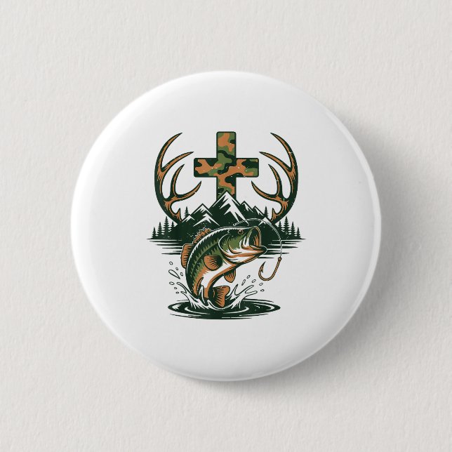Youth Camo Faith Hunting Fishing Cross Fisherman C Button (Vorderseite)