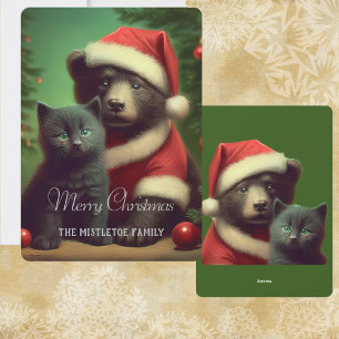 Yule Vintage Bär & Schwarze Katze Flaches Weihnach Feiertagskarte