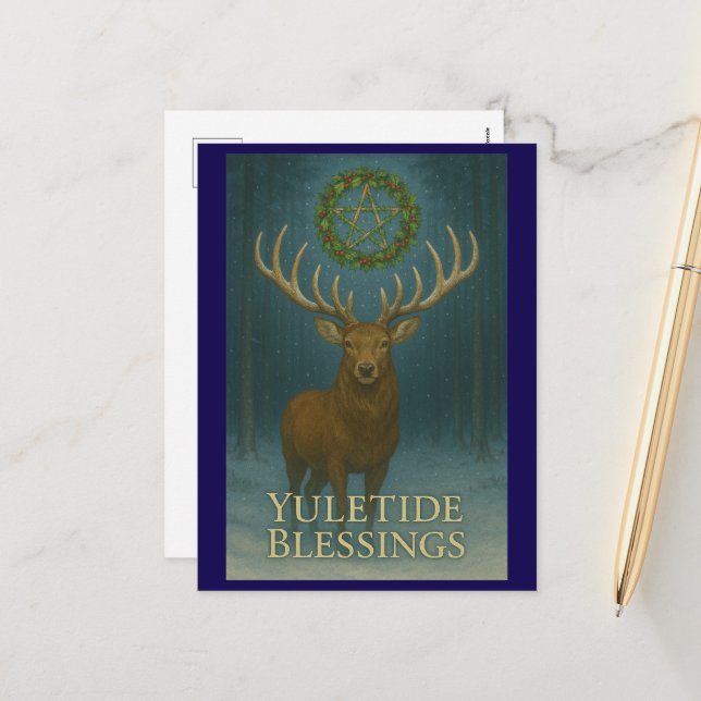 Yuletide Blessings Stag Holiday Postcard Feiertagspostkarte (Vorderseite/Rückseite Beispiel)