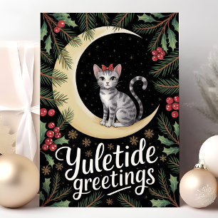 Yuletide Greetings Cat on Moon Christmas Feiertagskarte