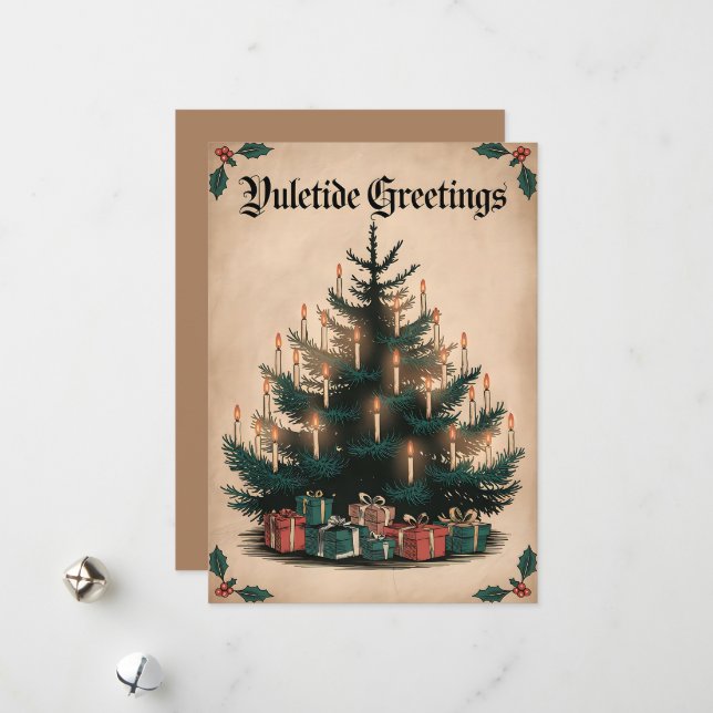 Yuletide Greetings - Festival Candlelit Tree Feiertagskarte (Vorderseite/Rückseite Beispiel)