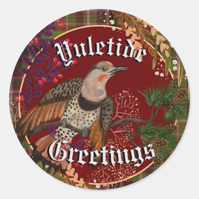 Yuletide Greetings Northern Flicker Runder Aufkleber (Vorderseite)
