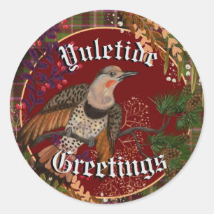 Yuletide Greetings Northern Flicker Runder Aufkleber
