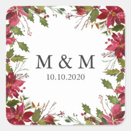 Yuletide | Poinsettia Wedding Monogram Quadratischer Aufkleber