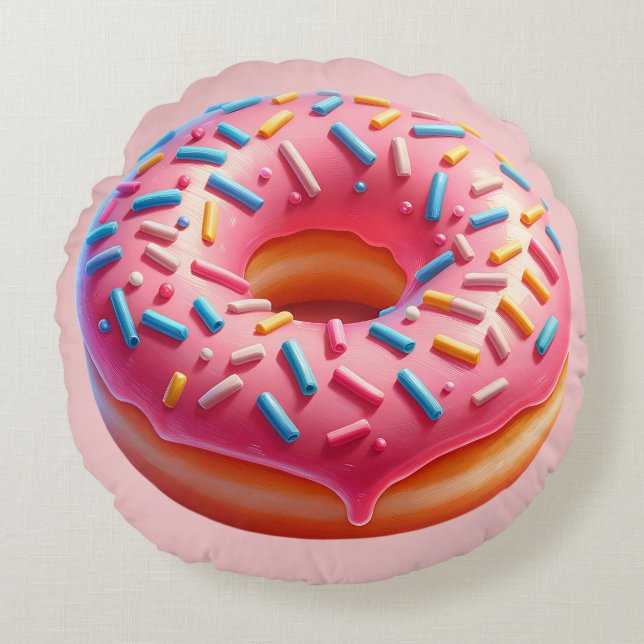 Yummy Pink Donut mit Sprinklern Aufkleber Rundes Kissen (Vorderseite)